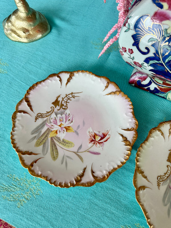 Antique Limoges Plates,Orchid, Hand Painted, Floral, Gold Trim Pair