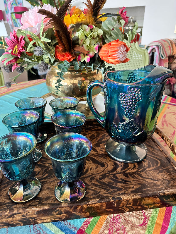 vintage evenflo glass pitcher Vintage Pitcher Carnival Blue Glass, Grapevine Pattern – The House of Hanbury