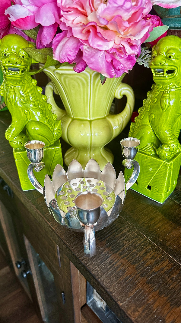 Vintage Flower Frog in silverplate styled on a table