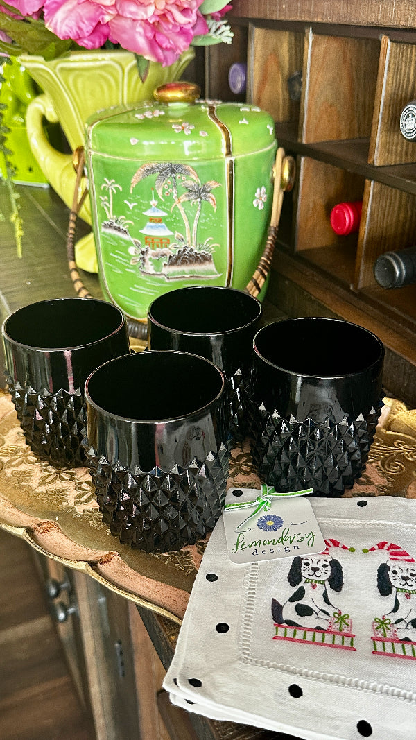 Vintage Glass Tumblers Set by Indiana Glass in Black with a diamond pattern styled on a bar