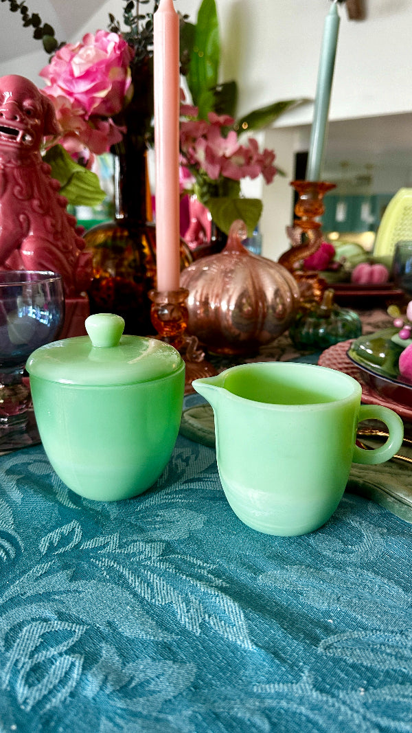 Vintage Jadeite Sugar and Creamer in green with a lid styled on a Fall tablescape