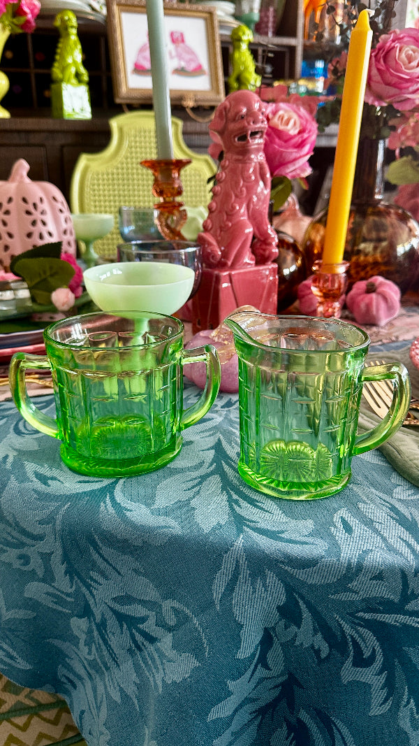 Vintage Sugar and Creamer Set Uranium Glass The House of Hanbury