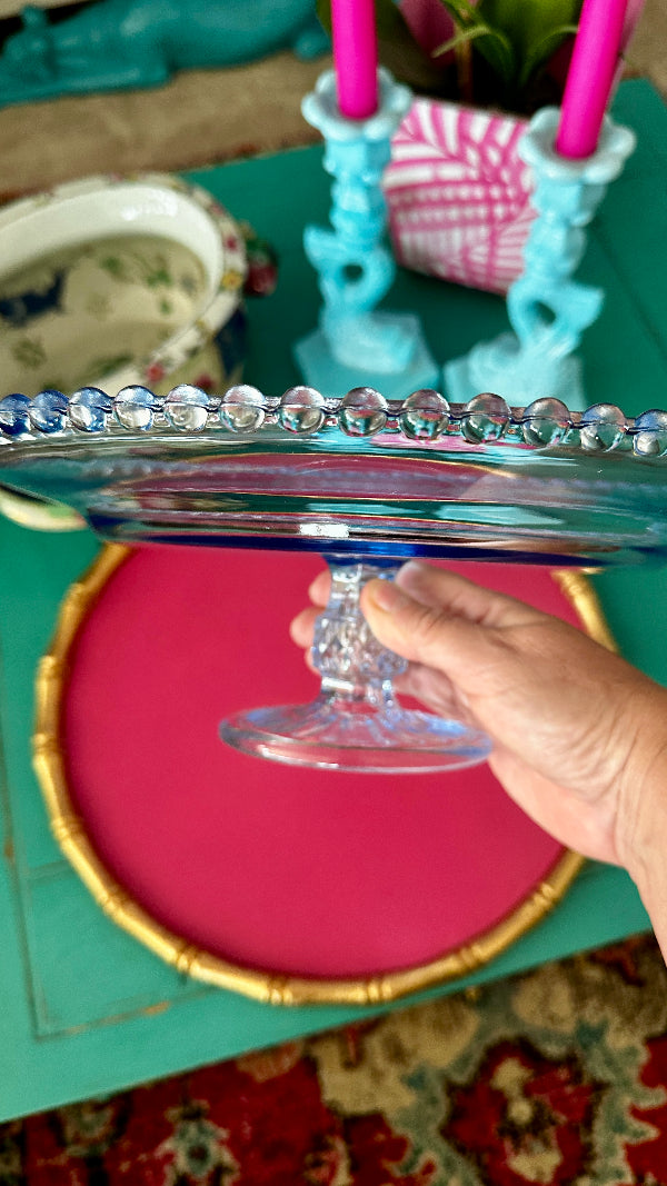 cake stand blue glass hobnail detail