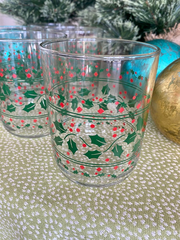 Libbey Christmas Drinking Glasses Holly Berry 15oz Vintage Holiday