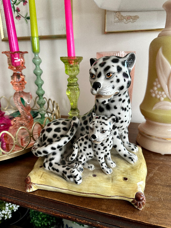 Pair of Ceramic Sitting Leopard Figures with Brown Tints – Vintage