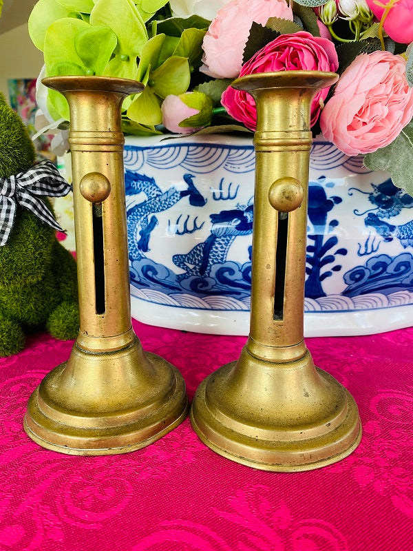 rare pair primitive antique 18th century turned brass candlestick candle  holder. 