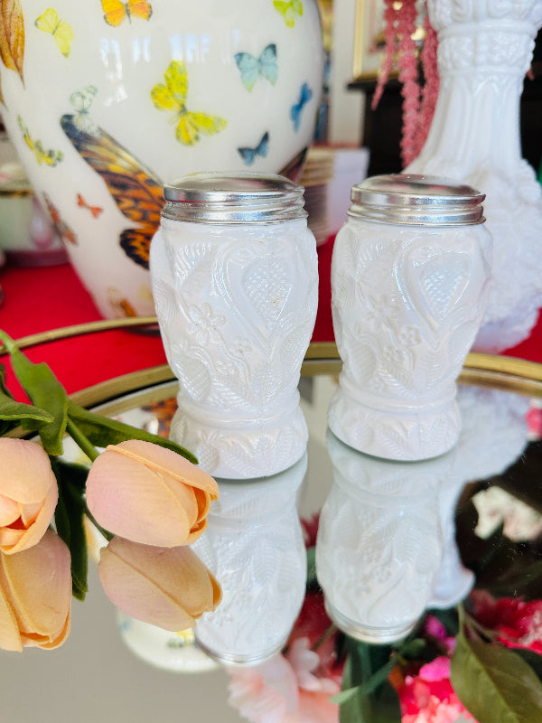 Strawberry Salt & Pepper Shakers, Vintage 3 Piece Metal and Glass Shakers 