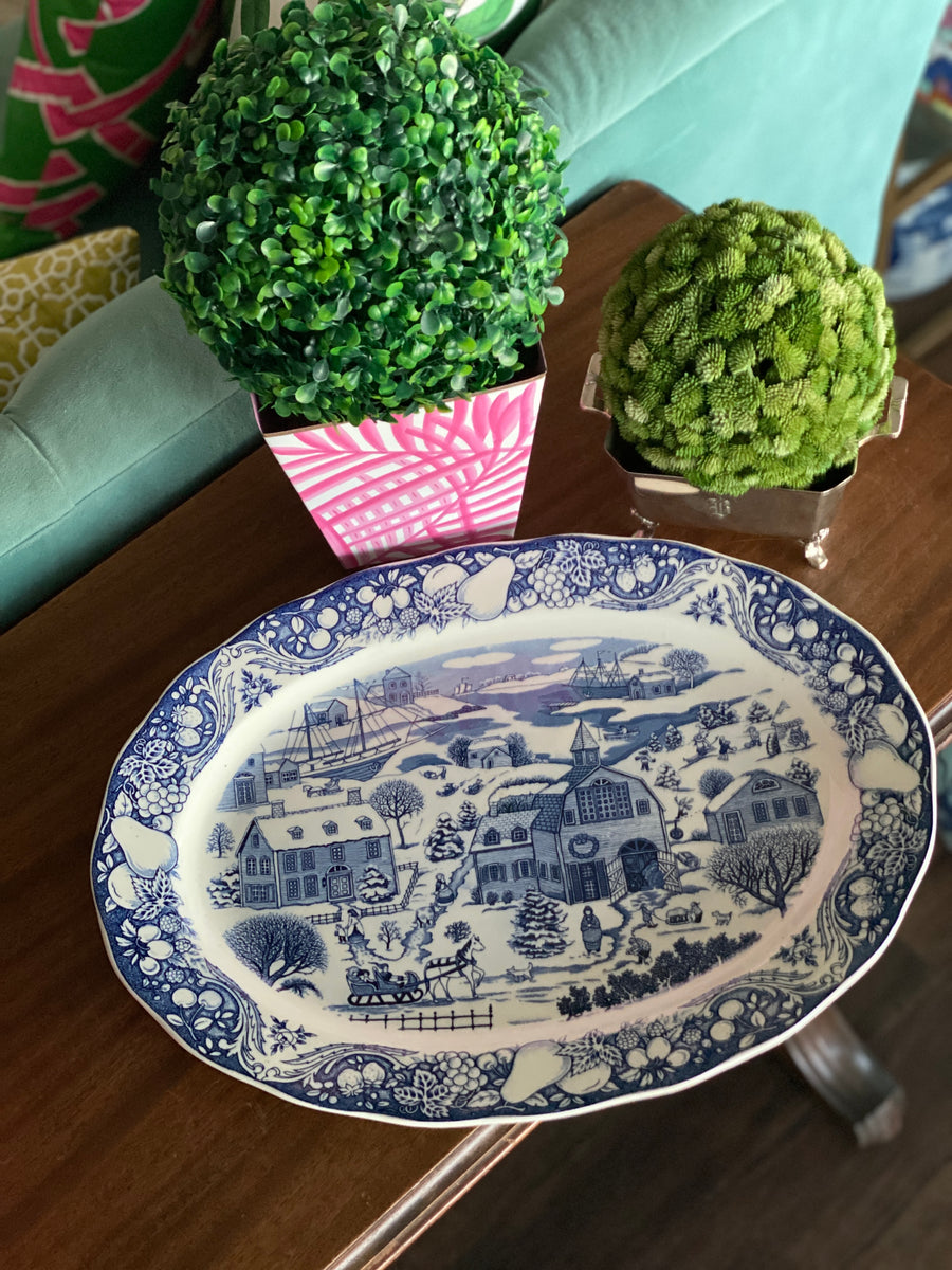 Vintage Sanyei China SNY2 Serving Platter, Blue Village Scene with