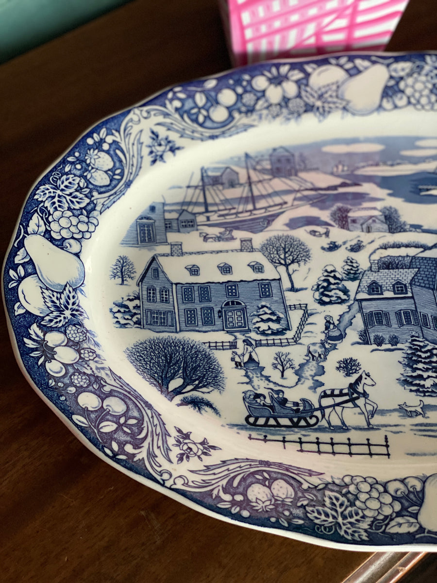 Vintage Sanyei China SNY2 Serving Platter, Blue Village Scene with Fruit  Border
