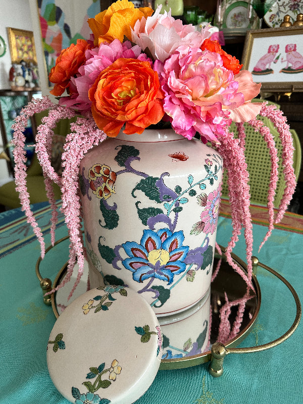 Vintage Ginger Jar, Large, Cream, Colorful Floral Design, Hand