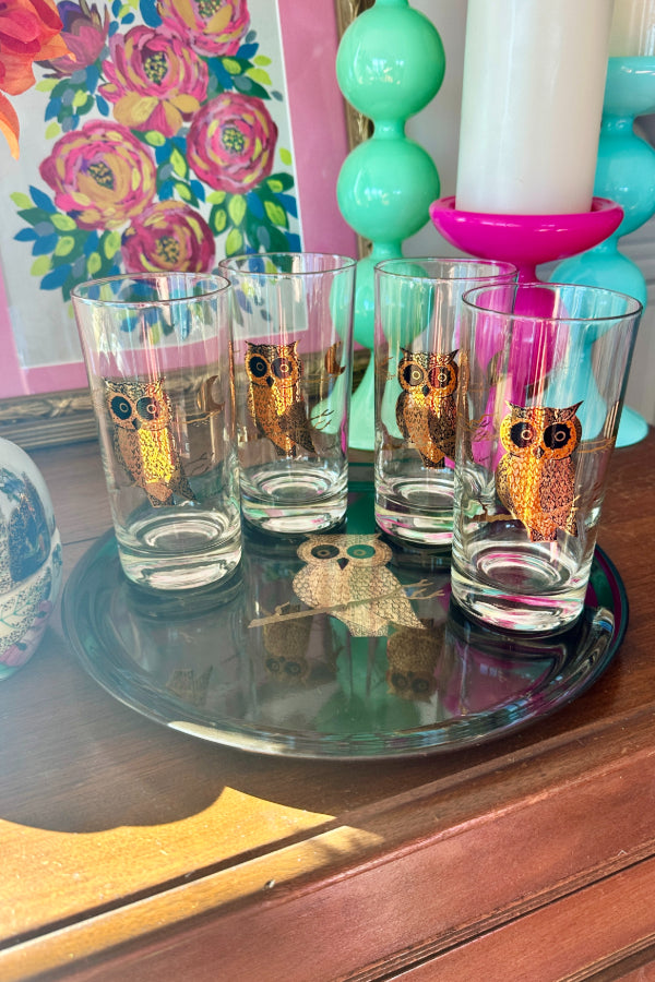 Vintage Glasses, Couroc Monterey Owl, Highball, 1960s, MCM set of 4- Vintage Owl Tray, Couroc Round Inlay