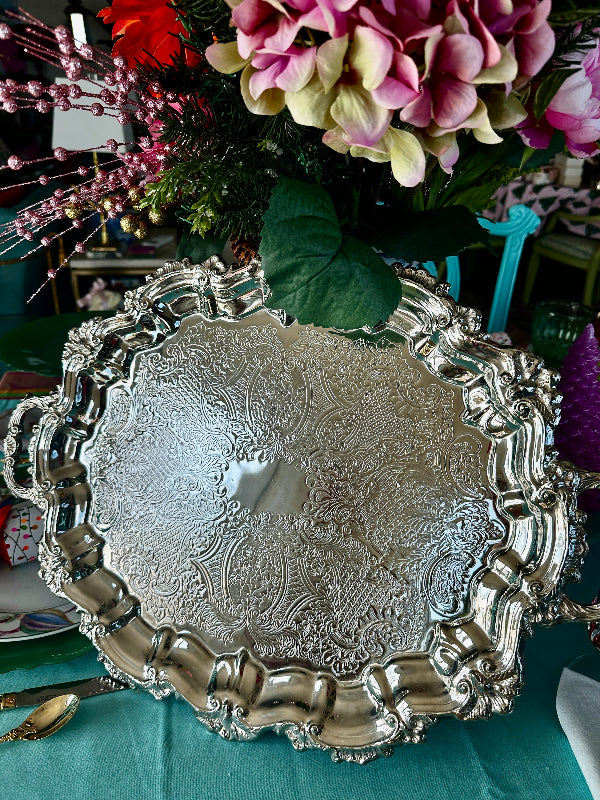 Vintage Silverplate Tray, Chippendale, Footed, Handled, No Markings