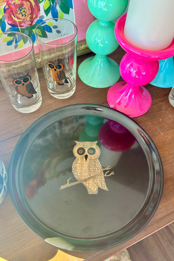 Vintage Glasses, Couroc Monterey Owl, Highball, 1960s, MCM set of 4- Vintage Owl Tray, Couroc Round Inlay