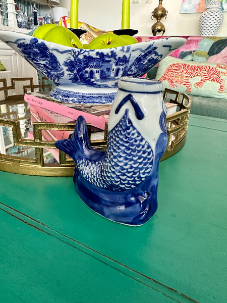 Vintage Blue and White Fish Vase, Ceramic