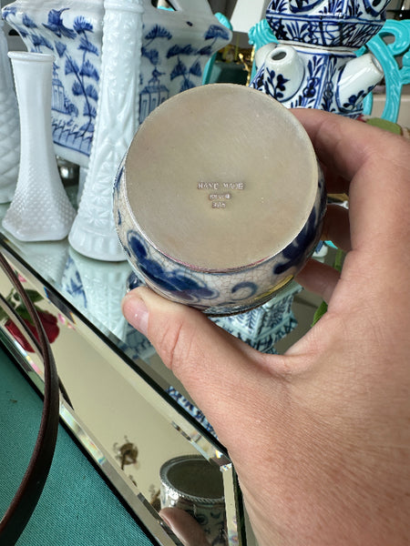 Vintage Lidded Jar, Blue and White Porcelain and Sterling Silver, Chinoiserie - Bangkok