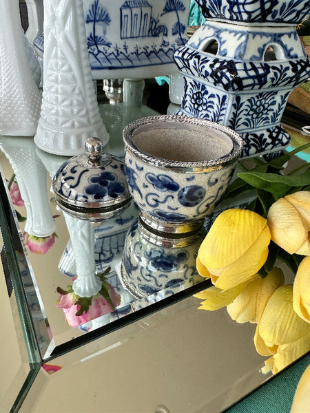 Vintage Lidded Jar, Blue and White Porcelain and Sterling Silver, Chinoiserie - Bangkok