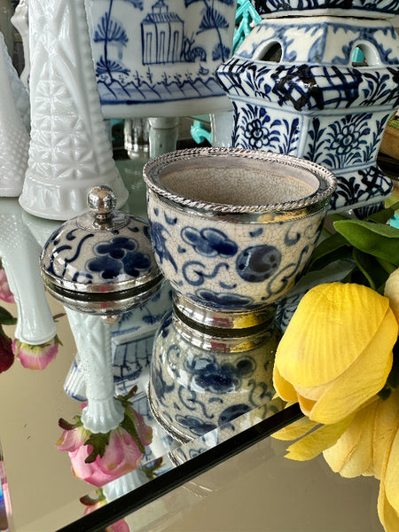 Vintage Lidded Jar, Blue and White Porcelain and Sterling Silver, Chinoiserie - Bangkok