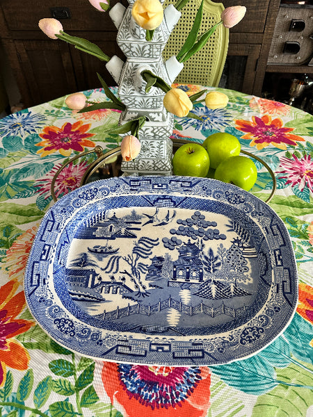 Vintage Blue Willow Platter, Staffordshire Stone China, Blue and White Chinoiserie