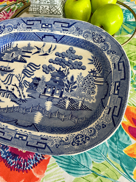 Vintage Blue Willow Platter, Staffordshire Stone China, Blue and White Chinoiserie