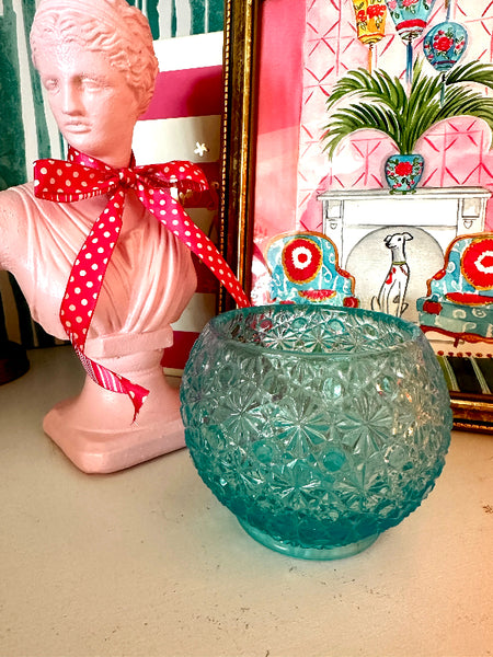 Vintage Rose Bowl, Daisy and Button Blue Glass