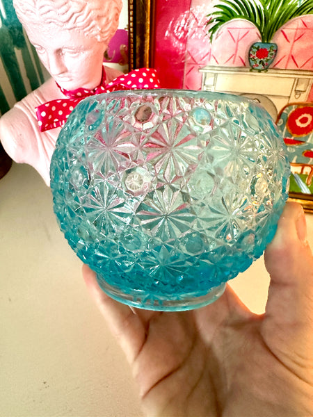 Vintage Rose Bowl, Daisy and Button Blue Glass