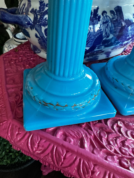 Antique Candle Holders, Blue Opaline, Portieux Vallerysthal, Column Detail, Square Base, Gold Detail Worn, PAIR