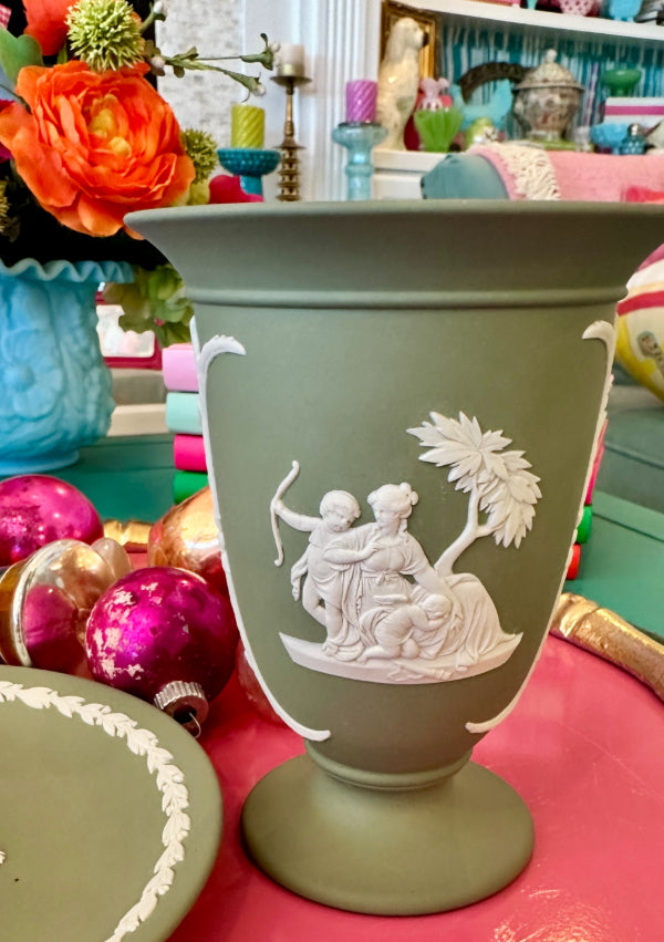 * Vintage Wedgwood  Jasperware Vase Sage Green, Vintage Trinket Dish, Plate, Mother's Love 1972, Sage Green EACH SOLD SEPARATELY