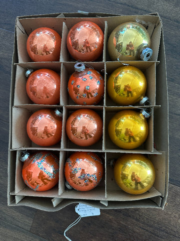 Vintage Shiny Brite Ornaments, Set of 12, Mixed Lot, 4 Gold, 8 Orange - 3 with Glitter