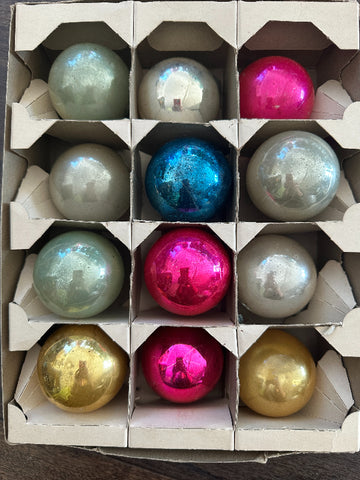Vintage Shiny Bright Ornaments, Set of 12, 3 pink, 2 gold, 1 blue, 2 light green, 4 Silver, Original Box