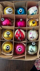 Vintage Shiny Brite Ornaments, Set of 12, Floral, Seasons Greetings, Bells, Striped, 3 Teardrop, 9 Round, Mixed Lot