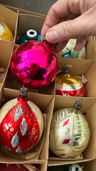 Vintage Shiny Brite Ornaments, Set of 12, Floral, Seasons Greetings, Bells, Striped, 3 Teardrop, 9 Round, Mixed Lot