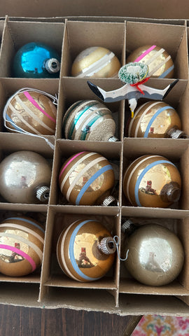 Vintage Shiny Brite Ornaments, Set of 12, Mixed Lot, 3 Solid Round, 9 Striped Round, Original Box