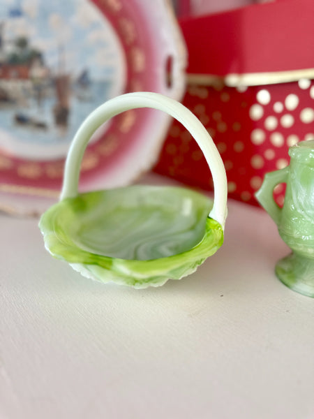 Vintage Slag Glass Pitcher, Green and White or Vintage Slag Glass Basket, Green and White