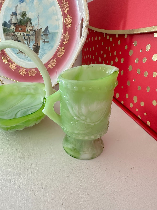 Vintage Slag Glass Pitcher, Green and White or Vintage Slag Glass Basket, Green and White