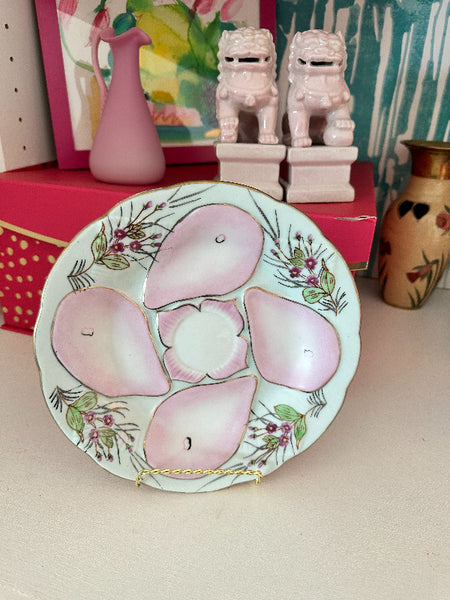 Vintage Oyster Plate, Pink and Green Floral, Gold Trim