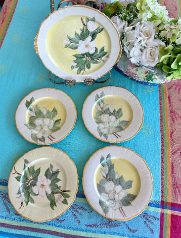 Vintage Hand Painted China Dogwood flower 4 Dinner Plates, 1 Platter 1953, 5 piece set
