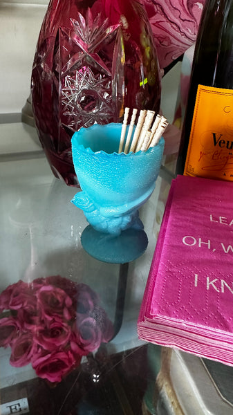 Vintage Chick Toothpick Holder, Blue Opaline Glass, Portieux Vallerysthal, Stamped
