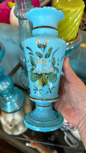 Antique Vase, French Blue Opaline Glass, Hand Painted, 1900s