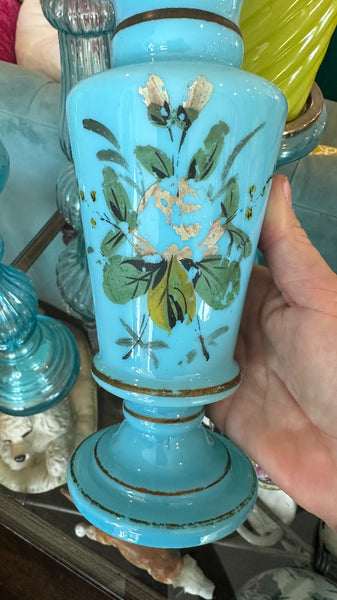Antique Vase, French Blue Opaline Glass, Hand Painted, 1900s