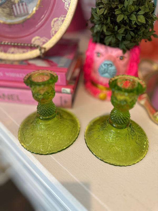 Vintage Candlesticks, Colony Sandwich Glass, Lime Green, Pair