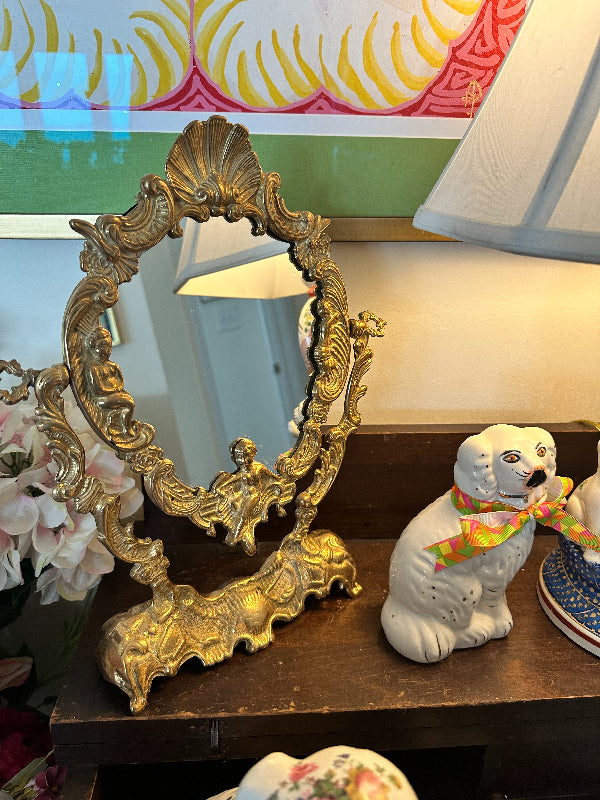 Vintage Brass Mirror Stand, Art Nouveau Style, Angel and Shell Motif