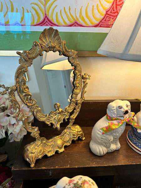 Vintage Brass Mirror Stand, Art Nouveau Style, Angel and Shell Motif