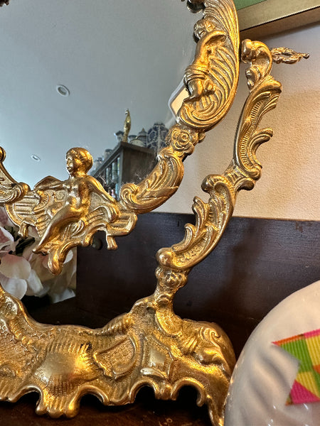 Vintage Brass Mirror Stand, Art Nouveau Style, Angel and Shell Motif