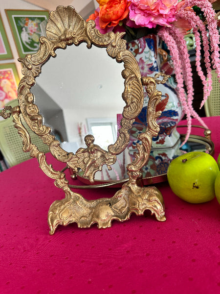 Vintage Brass Mirror Stand, Art Nouveau Style, Angel and Shell Motif