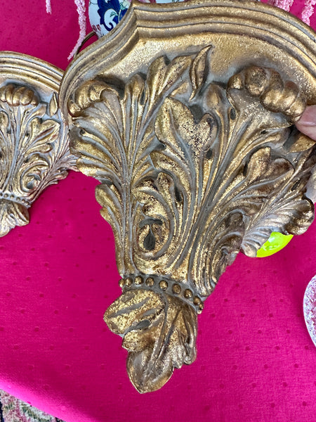 Vintage Wall Sconces, Shelves, Gold Leaf, Pair, Art Nouveau, Heavy Ceramic