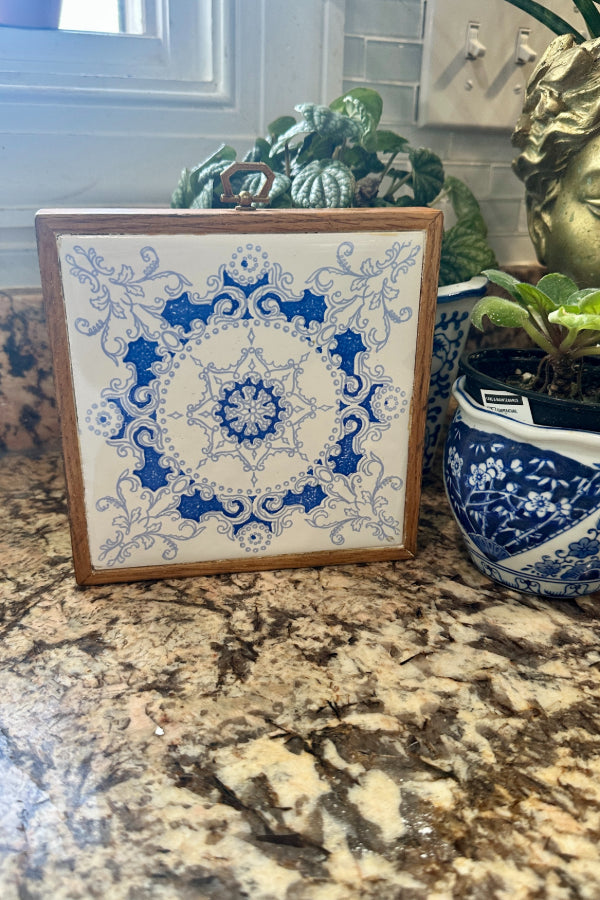 Vintage Blue and White Tile, Square, Wood Frame, Hanging Art - Each Sold Separately