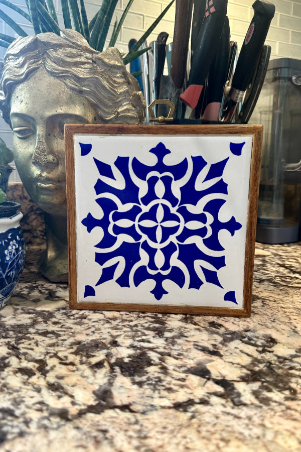 Vintage Blue and White Tile, Square, Wood Frame, Hanging Art - Each Sold Separately