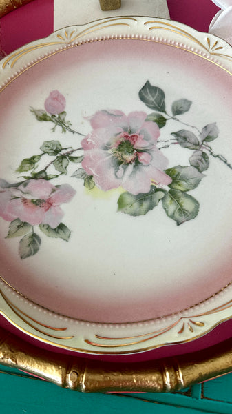 Antique Plate, Germany 47, Hand Painted, Pink and Green Floral, Gold Detail, Handled