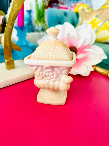 Vintage Lidded Mini Jar, Slag Glass, Shell, Pink Color, Pedestal, Rose Motif