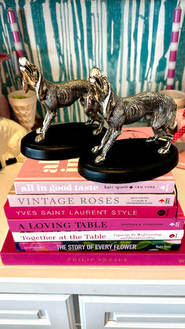 Vintage Bookends, Silver Tone Dogs on Black Base